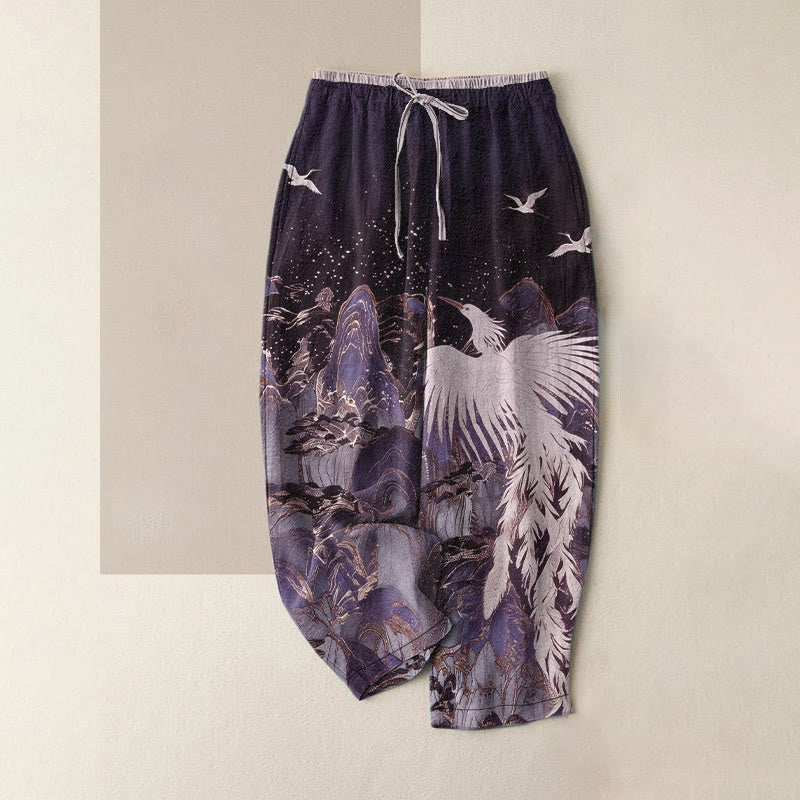 Buddha Stones Pantalones de mujer de algodón puro con estampado de grullas en un paisaje auspicioso y cintura elástica con bolsillos. - Índigo - US16，UK/AU20，EU48 (3XL) - image 5