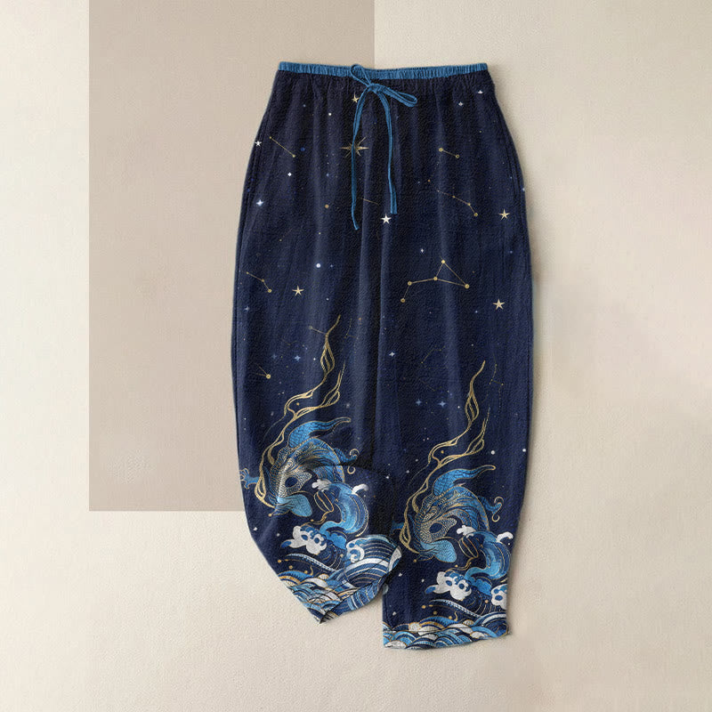Buddha Stones Pantalones de mujer de algodón puro con cintura elástica y bolsillos, estampado de cielo estrellado, océano y bestias míticas. - Azul medianoche - US16，UK/AU20，EU48 (3XL) - image 0
