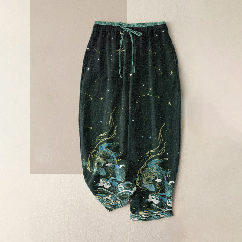 Buddha Stones Pantalones de mujer de algodón puro con cintura elástica y bolsillos, estampado de cielo estrellado, océano y bestias míticas. - Verde azulado - US16，UK/AU20，EU48 (3XL) - image 4