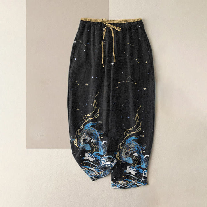 Buddha Stones Pantalones de mujer de algodón puro con cintura elástica y bolsillos, estampado de cielo estrellado, océano y bestias míticas. - Negro - US16，UK/AU20，EU48 (3XL) - image 5