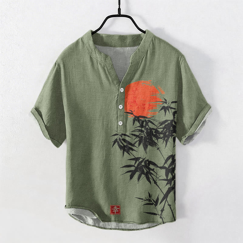 Buddha Stones Camisa de manga corta con medio botón para hombre, de algodón, con estampado sencillo de bambú y sol rojo. - Verde mar oscuro - US/UK/AU50, EU60 (5XL) - image 0