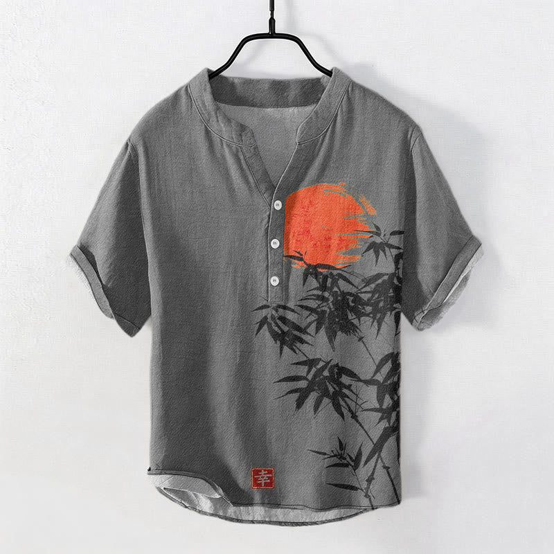 Buddha Stones Camisa de manga corta con medio botón para hombre, de algodón, con estampado sencillo de bambú y sol rojo. - Gris - US/UK/AU50, EU60 (5XL) - image 4