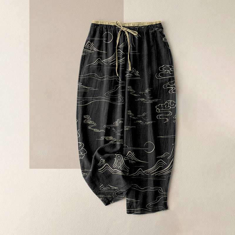 Buddha Stones Pantalones de mujer de algodón con estampado de nubes auspiciosas, estilo casual, con cintura elástica y bolsillos. - Negro - US16，UK/AU20，EU48 (3XL) - image 0