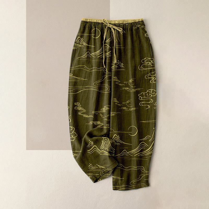 Buddha Stones Pantalones de mujer de algodón con estampado de nubes auspiciosas, estilo casual, con cintura elástica y bolsillos. - Caqui oscuro - US16，UK/AU20，EU48 (3XL) - image 5
