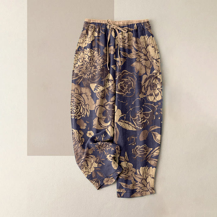 Buddha Stones Pantalones casuales de algodón para mujer con estampado de peonías, hojas y cintura elástica, con bolsillos. - Gris oscuro - US16，UK/AU20，EU48 (3XL) - image 0