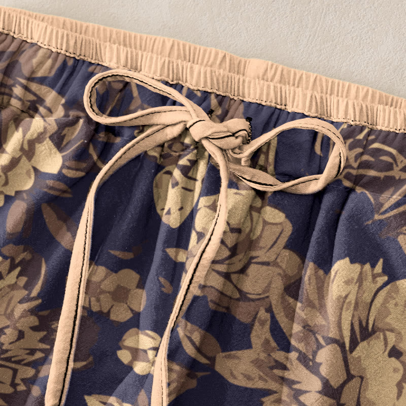 Buddha Stones Pantalones casuales de algodón para mujer con estampado de peonías, hojas y cintura elástica, con bolsillos. - image 1