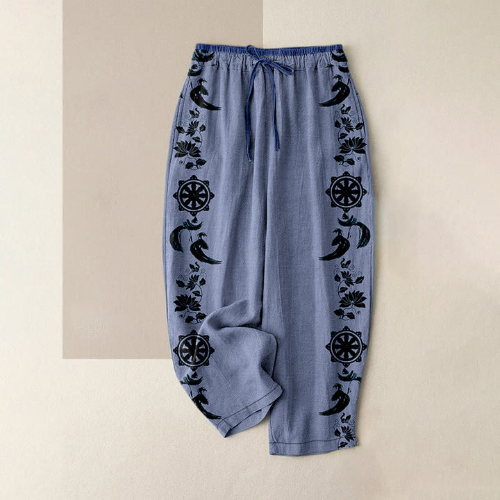 Buddha Stones Pantalones casuales de algodón para mujer con estampado de rueda de loto Dharma OM, cintura elástica y bolsillos. - Azul aciano - US16，UK/AU20，EU48 (3XL) - image 0