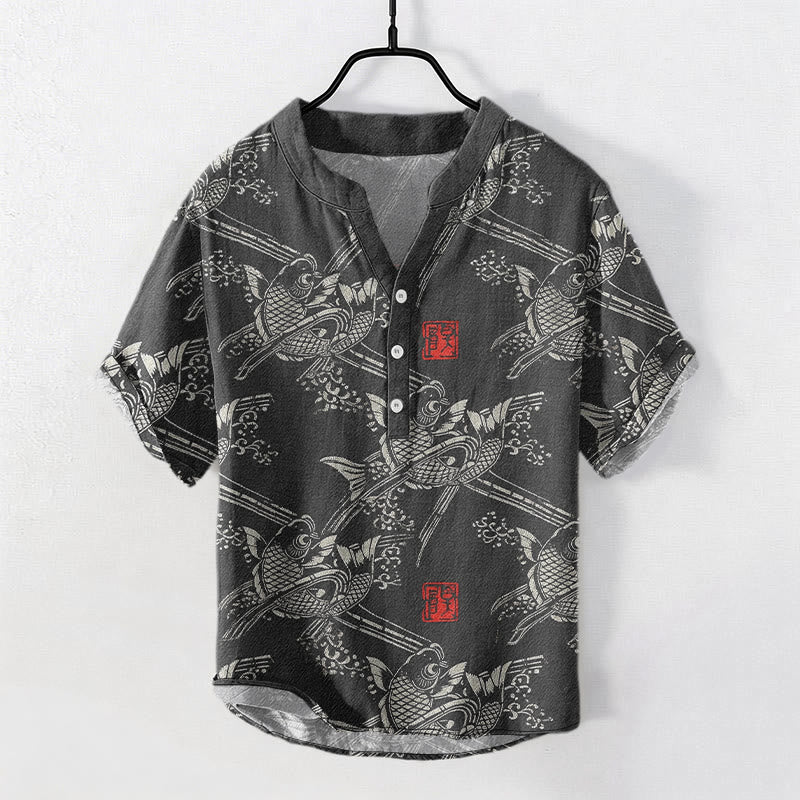 Buddha Stones Camisa de manga corta con medio botón para hombre, de algodón, con estampado de peces koi y bambú. - Negro - US/UK/AU50, EU60 (5XL) - image 0