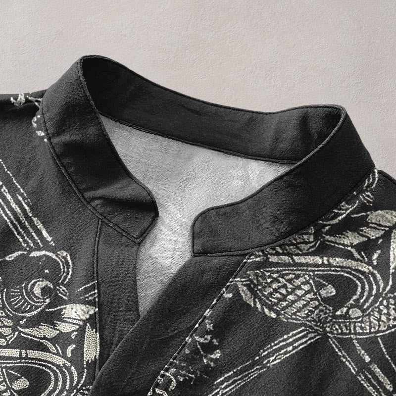 Buddha Stones Camisa de manga corta con medio botón para hombre, de algodón, con estampado de peces koi y bambú. - image 2