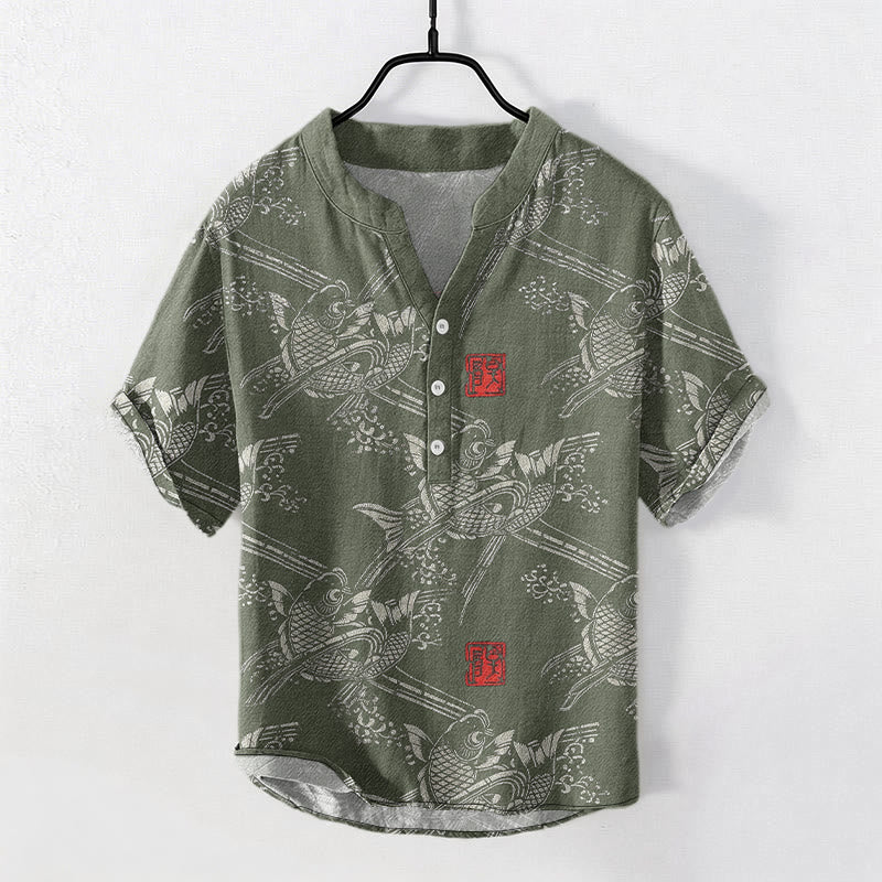 Buddha Stones Camisa de manga corta con medio botón para hombre, de algodón, con estampado de peces koi y bambú. - Verde mar oscuro - US/UK/AU50, EU60 (5XL) - image 4