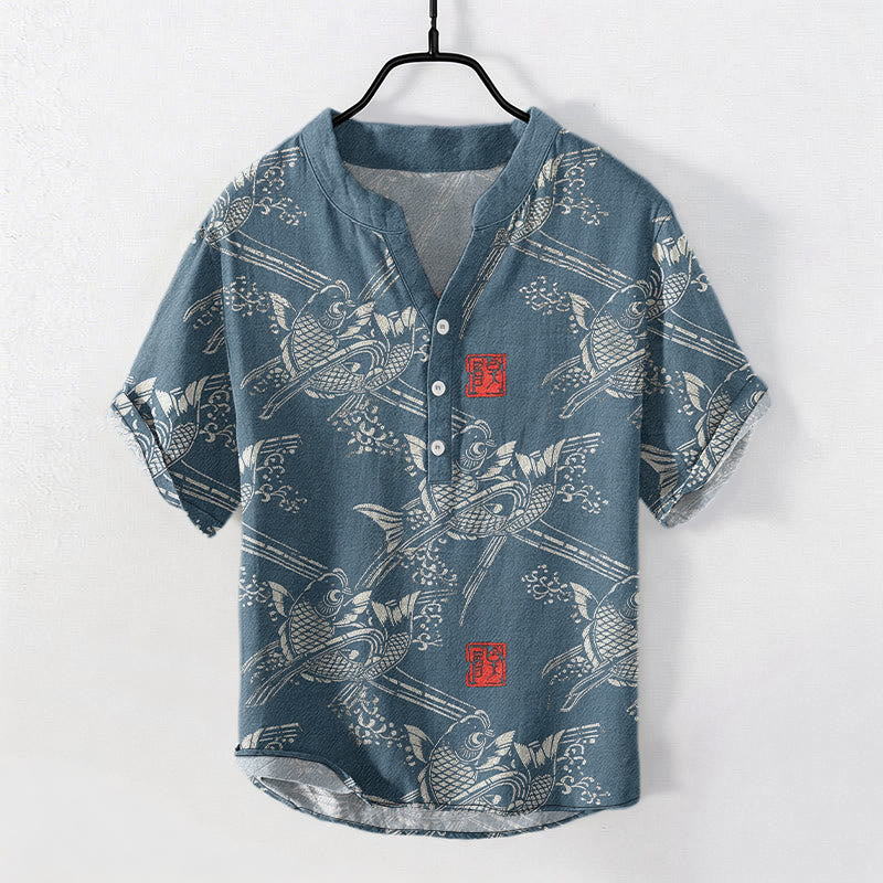 Buddha Stones Camisa de manga corta con medio botón para hombre, de algodón, con estampado de peces koi y bambú. - Azul acero - US/UK/AU50, EU60 (5XL) - image 6