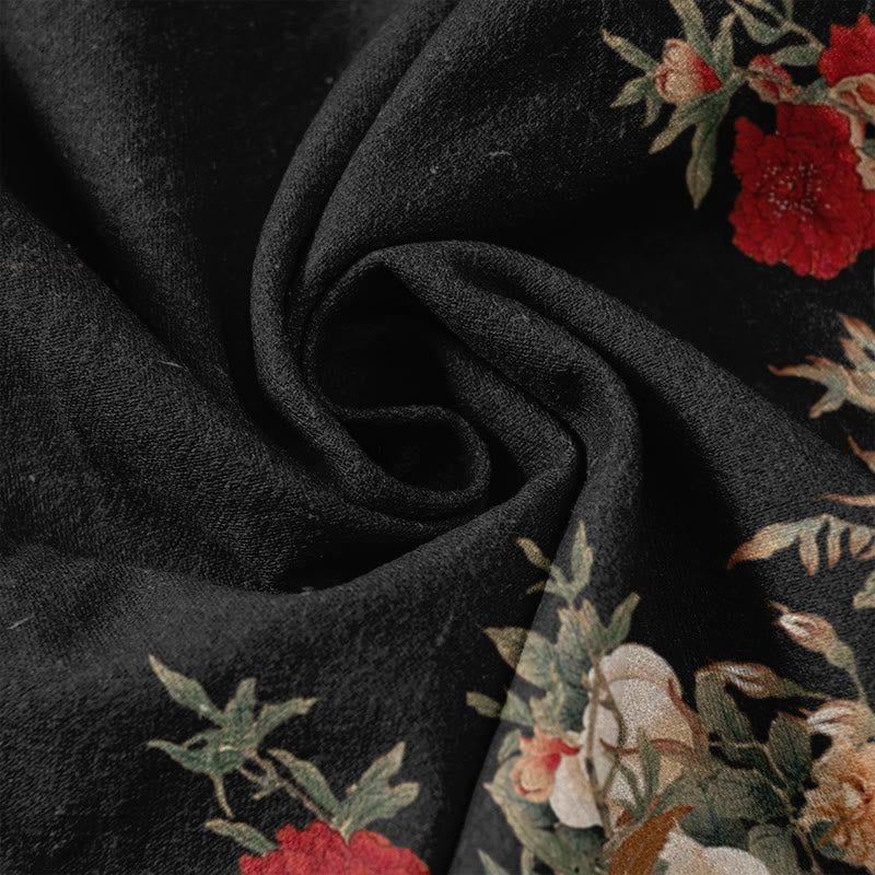 Buddha Stones Pantalones casuales de algodón para mujer con diseño de enredadera de peonía roja y cintura elástica con bolsillos. - image 3