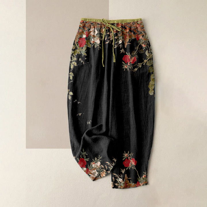 Buddha Stones Pantalones casuales de algodón para mujer con diseño de enredadera de peonía roja y cintura elástica con bolsillos. - Negro - US16，UK/AU20，EU48 (3XL) - image 0