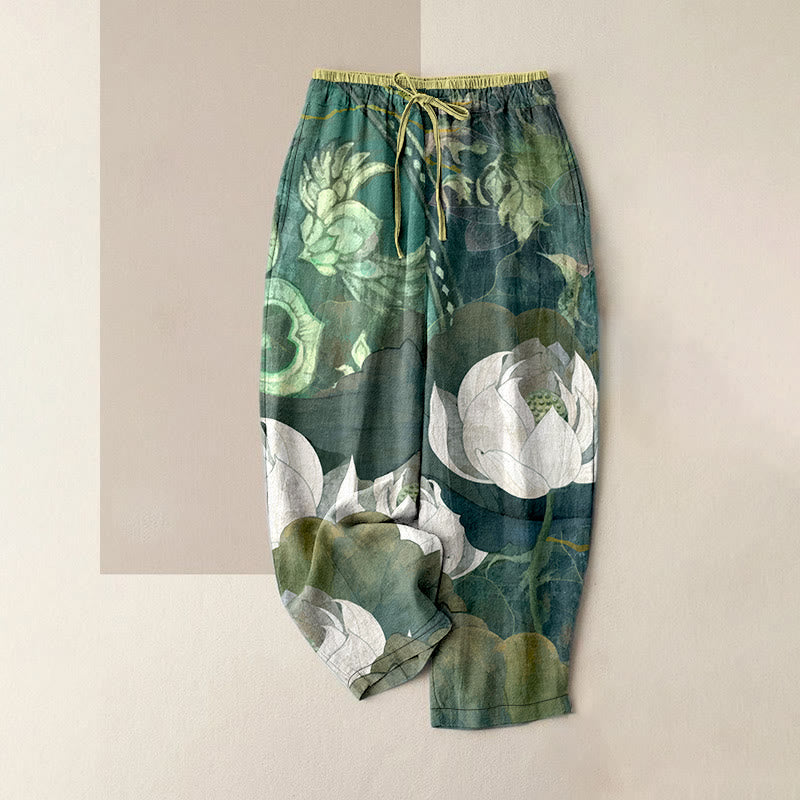 Buddha Stones Pantalones casuales de algodón blanco con estampado de hojas de loto para mujer, cintura elástica y bolsillos. - Verdemar - US16，UK/AU20，EU48 (3XL) - image 0