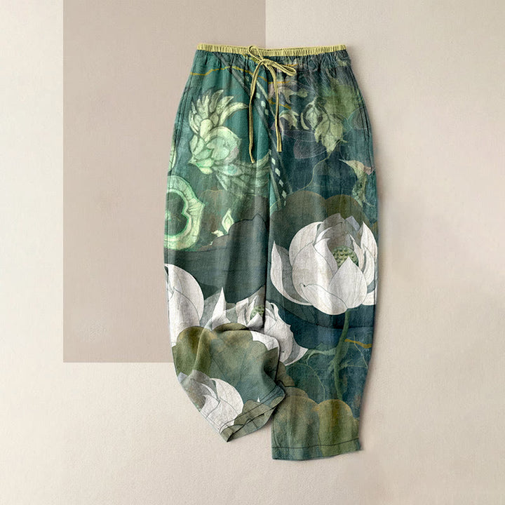 Buddha Stones Pantalones casuales de algodón blanco con estampado de hojas de loto para mujer, cintura elástica y bolsillos. - Verdemar - US16，UK/AU20，EU48 (3XL) - image 0