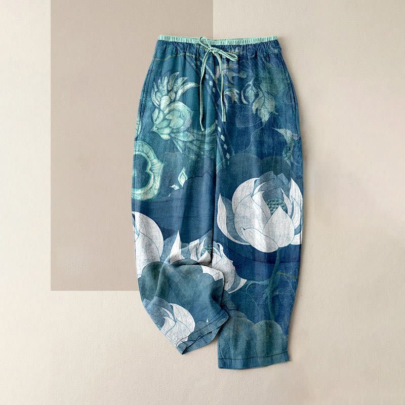 Buddha Stones Pantalones casuales de algodón blanco con estampado de hojas de loto para mujer, cintura elástica y bolsillos. - Turquesa oscuro - US16，UK/AU20，EU48 (3XL) - image 4