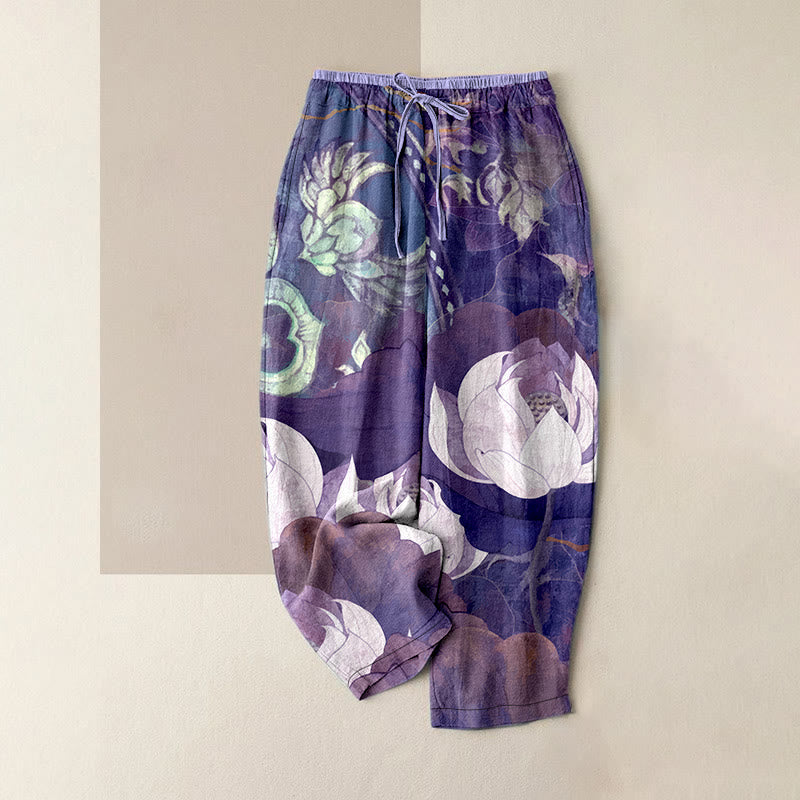 Buddha Stones Pantalones casuales de algodón blanco con estampado de hojas de loto para mujer, cintura elástica y bolsillos. - Orquídea Oscura - US16，UK/AU20，EU48 (3XL) - image 5
