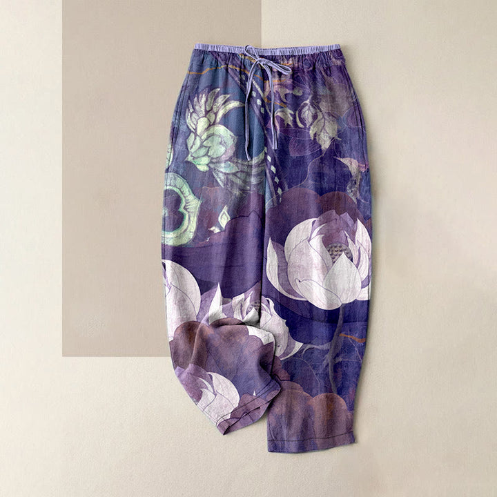 Buddha Stones Pantalones casuales de algodón blanco con estampado de hojas de loto para mujer, cintura elástica y bolsillos. - Orquídea Oscura - US16，UK/AU20，EU48 (3XL) - image 5