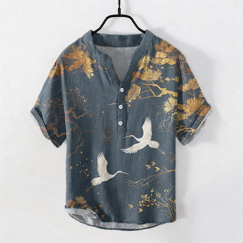 Buddha Stones Camisa de manga corta con medio botón para hombre, con estampado de pino, algodón y grulla blanca. - Azul acero - US/UK/AU50, EU60 (5XL) - image 4
