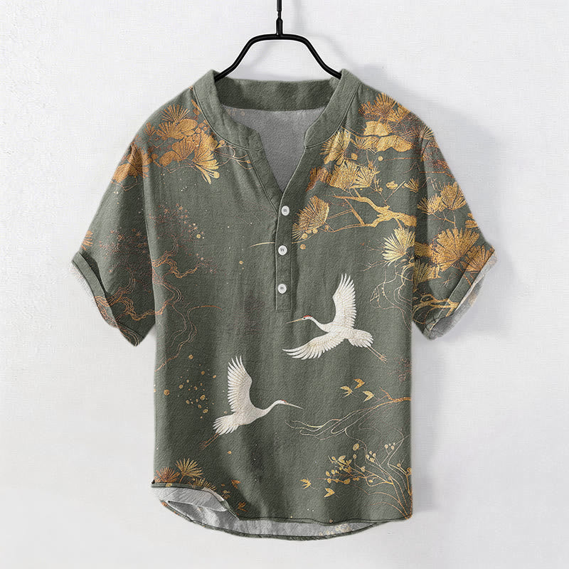 Buddha Stones Camisa de manga corta con medio botón para hombre, con estampado de pino, algodón y grulla blanca. - Verde mar oscuro - US/UK/AU50, EU60 (5XL) - image 6