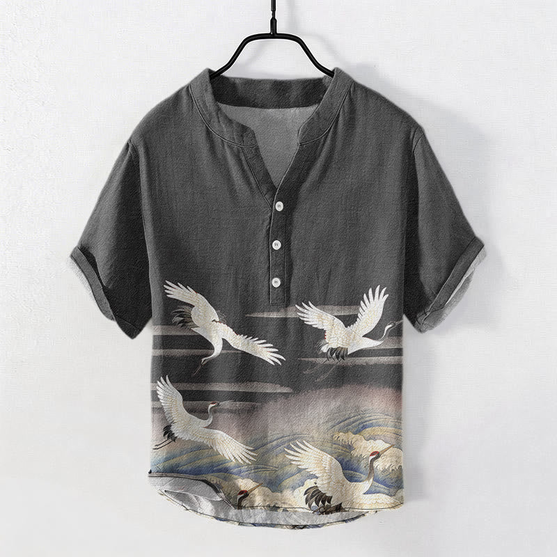 Buddha Stones Camisa de manga corta con medio botón para hombre, de algodón, con estampado de grullas y olas. - Gris oscuro - US/UK/AU50, EU60 (5XL) - image 0