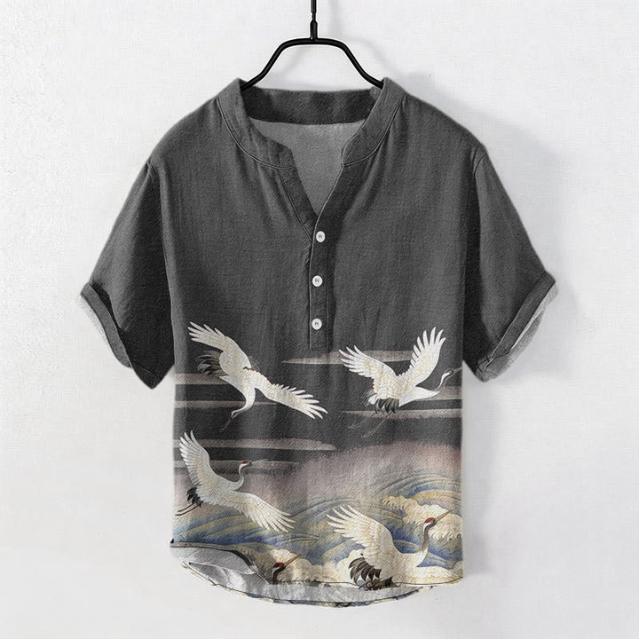 Buddha Stones Camisa de manga corta con medio botón para hombre, de algodón, con estampado de grullas y olas. - Gris oscuro - US/UK/AU50, EU60 (5XL) - image 0
