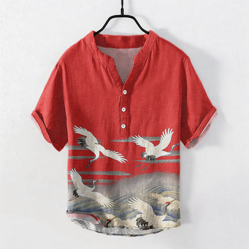 Buddha Stones Camisa de manga corta con medio botón para hombre, de algodón, con estampado de grullas y olas. - Ladrillo refractario - US/UK/AU50, EU60 (5XL) - image 6