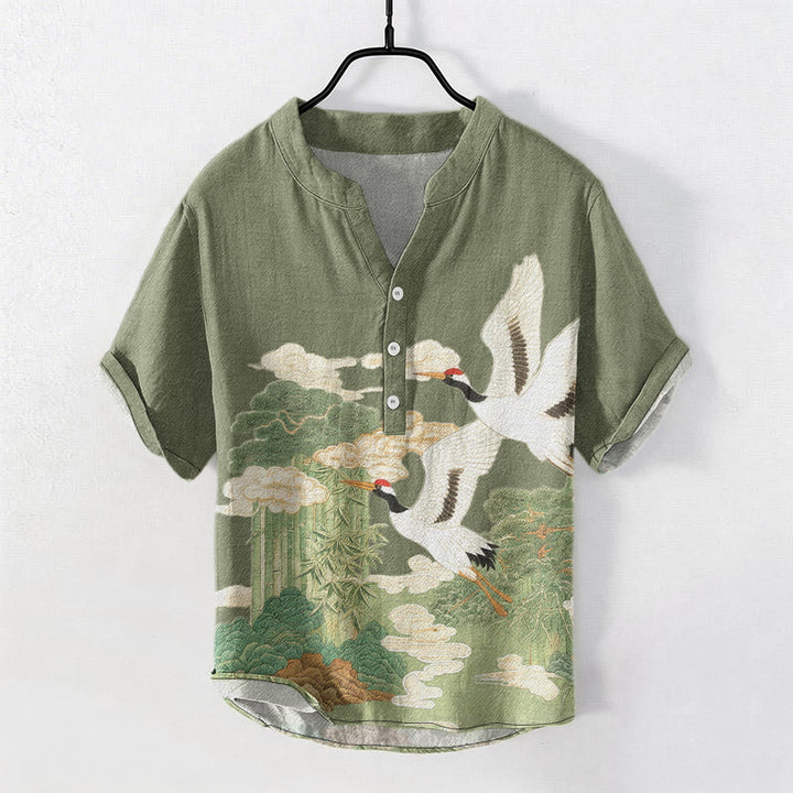 Buddha Stones Camisa de manga corta con medio botón para hombre con estampado de paisajes de nubes auspiciosas y grullas de algodón. - Verde mar oscuro - US/UK/AU50, EU60 (5XL) - image 0