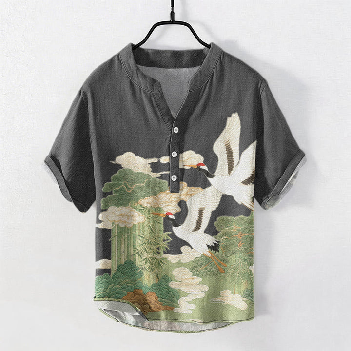 Buddha Stones Camisa de manga corta con medio botón para hombre con estampado de paisajes de nubes auspiciosas y grullas de algodón. - Gris oscuro - US/UK/AU50, EU60 (5XL) - image 4