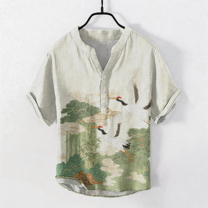 Buddha Stones Camisa de manga corta con medio botón para hombre con estampado de paisajes de nubes auspiciosas y grullas de algodón. - Lino - US/UK/AU50, EU60 (5XL) - image 6