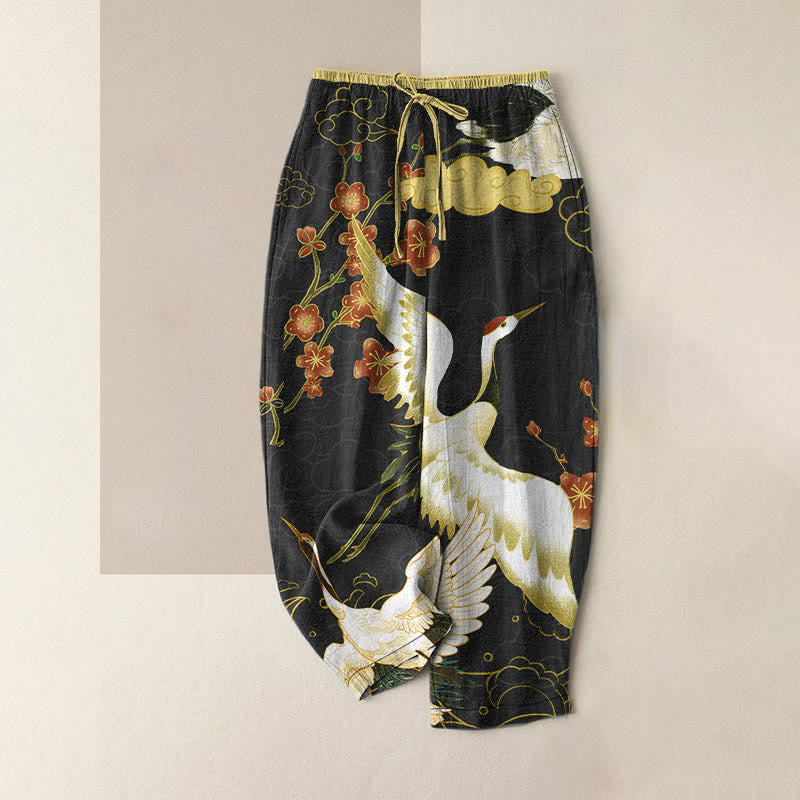 Buddha Stones Pantalones de mujer de algodón con estampado de grullas, flores y nubes auspiciosas, con cintura elástica y bolsillos. - Negro - US16，UK/AU20，EU48 (3XL) - image 0