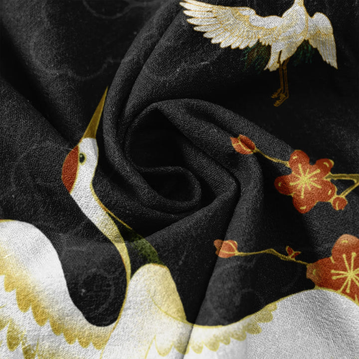 Buddha Stones Pantalones de mujer de algodón con estampado de grullas, flores y nubes auspiciosas, con cintura elástica y bolsillos. - image 3