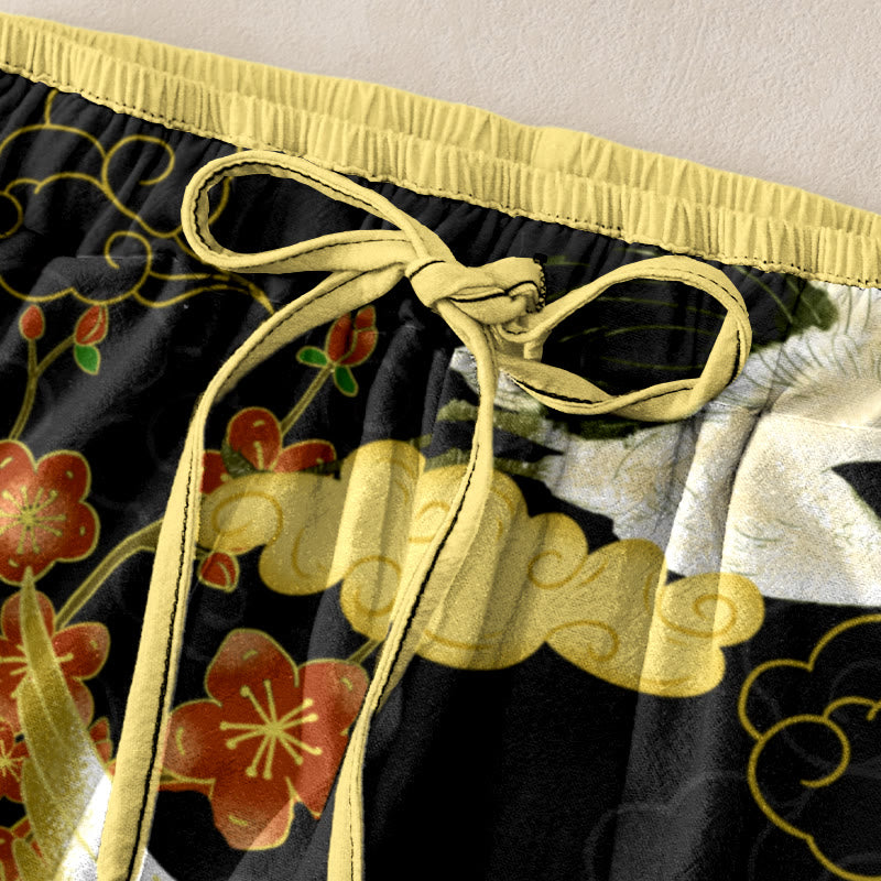 Buddha Stones Pantalones de mujer de algodón con estampado de grullas, flores y nubes auspiciosas, con cintura elástica y bolsillos. - image 1