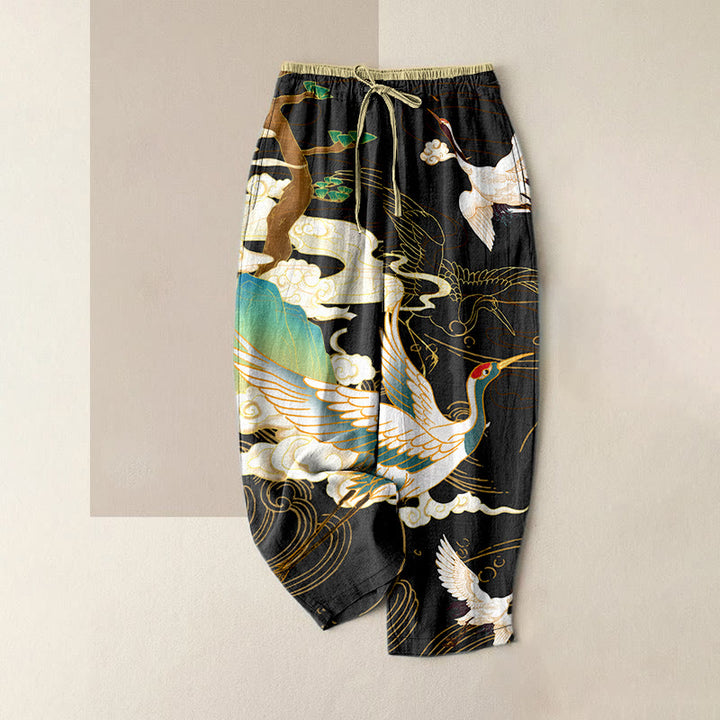 Buddha Stones Pantalones de mujer de algodón con cintura elástica y bolsillos, estampado de grullas voladoras, nubes auspiciosas y árboles. - Negro - US16，UK/AU20，EU48 (3XL) - image 0