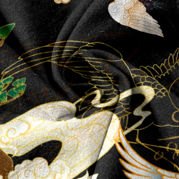 Buddha Stones Pantalones de mujer de algodón con cintura elástica y bolsillos, estampado de grullas voladoras, nubes auspiciosas y árboles. - image 3