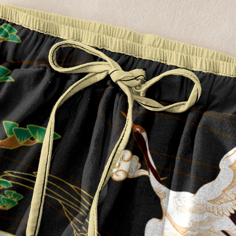 Buddha Stones Pantalones de mujer de algodón con cintura elástica y bolsillos, estampado de grullas voladoras, nubes auspiciosas y árboles. - image 1