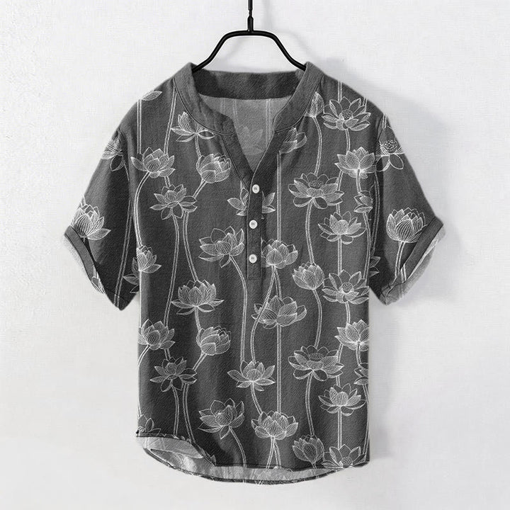 Buddha Stones Camisa de manga corta con medio botón y estampado de loto armonioso de algodón para hombre. - Gris - US/UK/AU50, EU60 (5XL) - image 4
