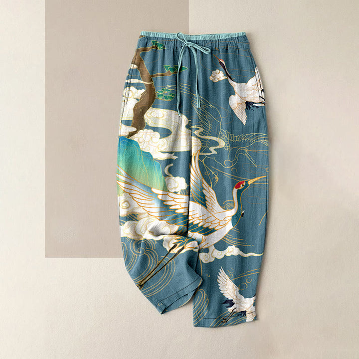 Buddha Stones Pantalones de mujer de algodón con cintura elástica y bolsillos, estampado de grullas voladoras, nubes auspiciosas y árboles. - Azul cadete - US16，UK/AU20，EU48 (3XL) - image 5