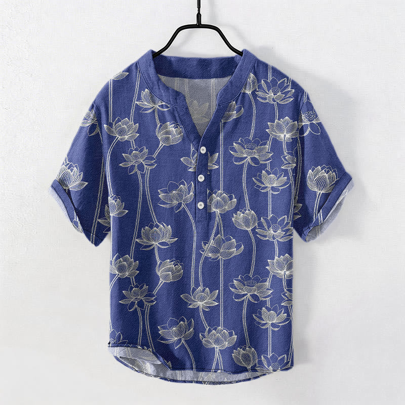 Buddha Stones Camisa de manga corta con medio botón y estampado de loto armonioso de algodón para hombre. - Azul oscuro - US/UK/AU50, EU60 (5XL) - image 6