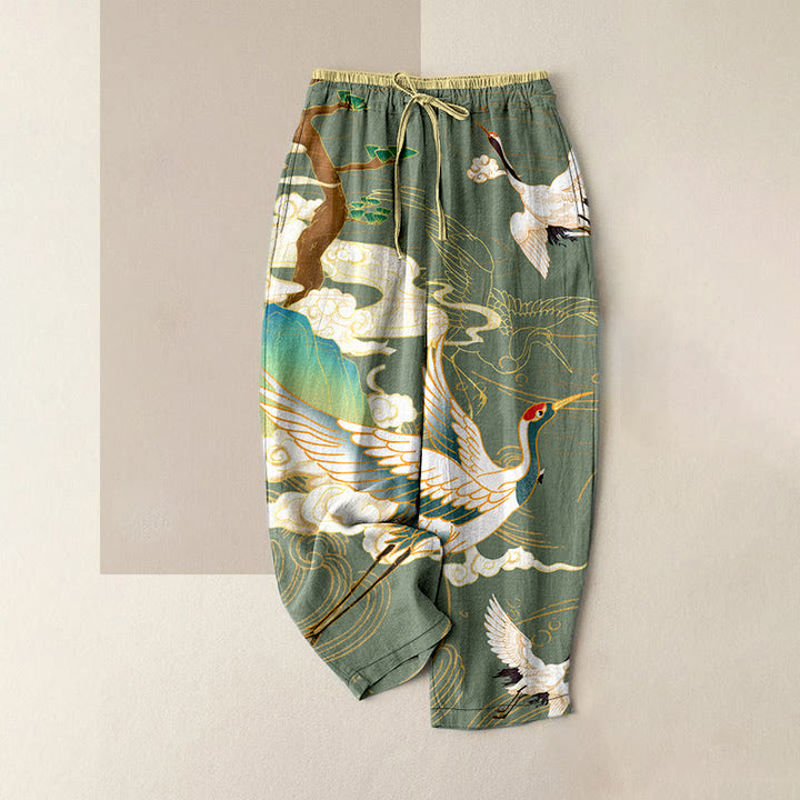 Buddha Stones Pantalones de mujer de algodón con cintura elástica y bolsillos, estampado de grullas voladoras, nubes auspiciosas y árboles. - Verde mar oscuro - US16，UK/AU20，EU48 (3XL) - image 4