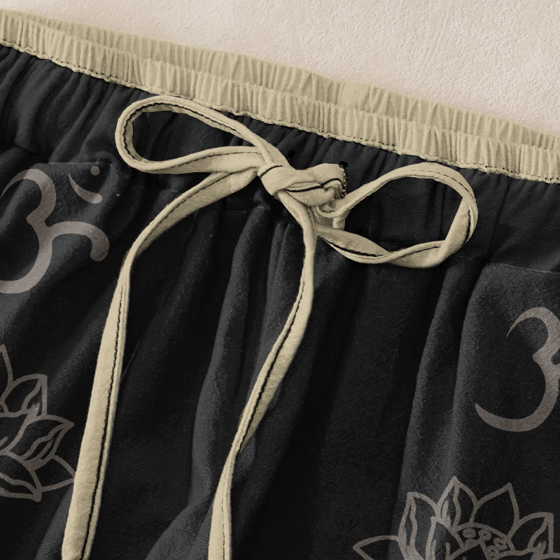 Buddha Stones Pantalones de mujer de algodón con cintura elástica y bolsillos, con diseño de flores de loto, doble dorje, vajra, namasté om. - image 1