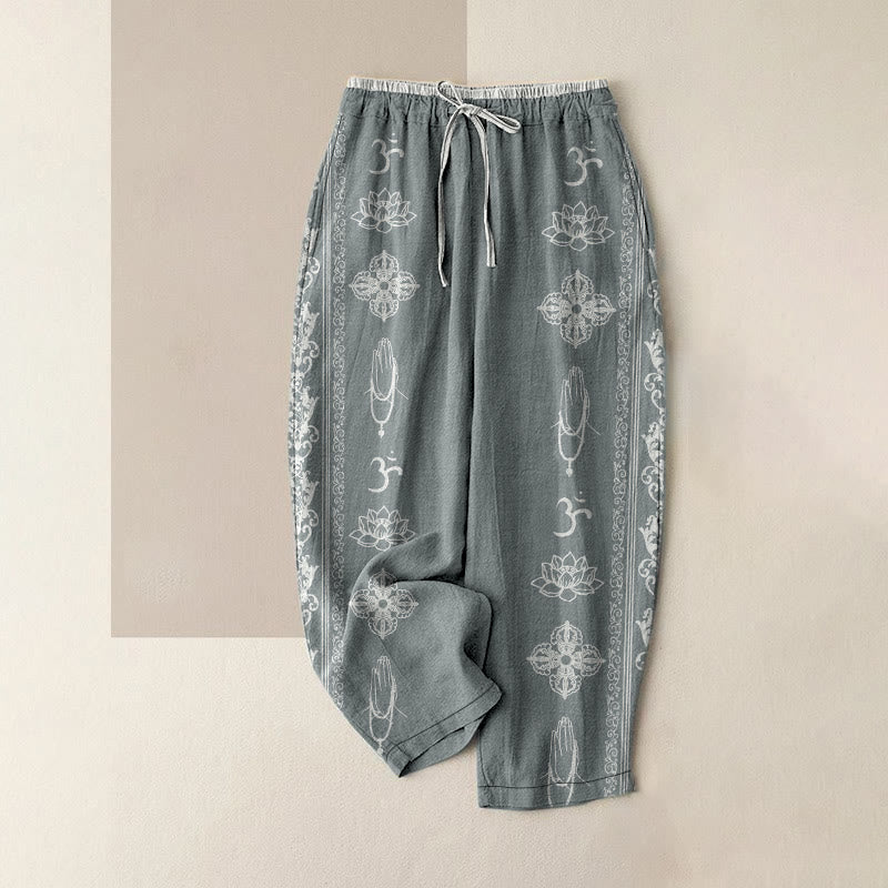 Buddha Stones Pantalones de mujer de algodón con cintura elástica y bolsillos, con diseño de flores de loto, doble dorje, vajra, namasté om. - Azul cadete - US16，UK/AU20，EU48 (3XL) - image 4