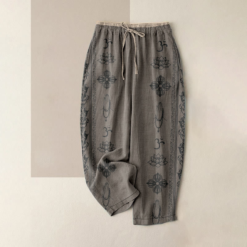 Buddha Stones Pantalones de mujer de algodón con cintura elástica y bolsillos, con diseño de flores de loto, doble dorje, vajra, namasté om. - Caqui oscuro - US16，UK/AU20，EU48 (3XL) - image 5