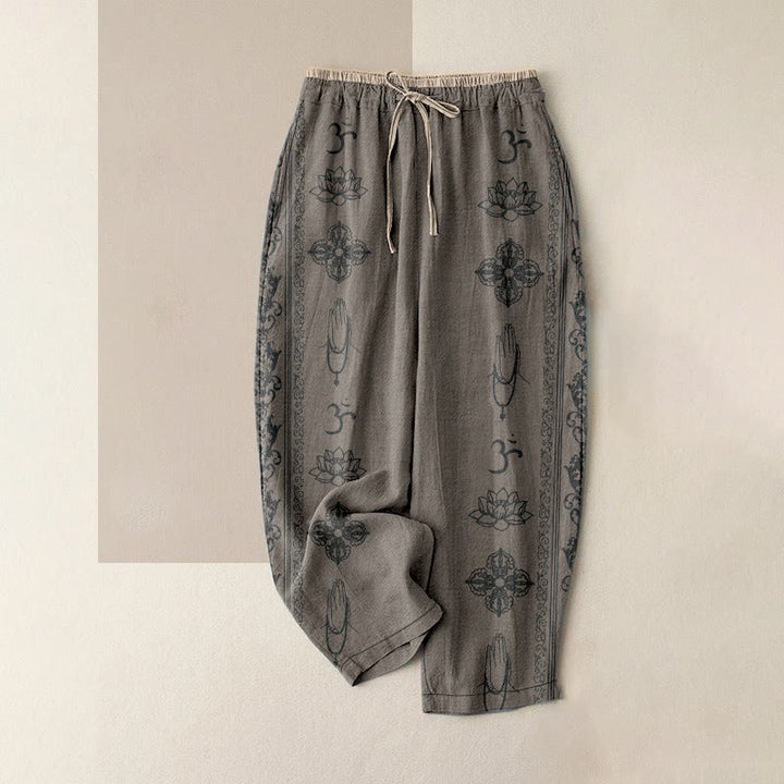 Buddha Stones Pantalones de mujer de algodón con cintura elástica y bolsillos, con diseño de flores de loto, doble dorje, vajra, namasté om. - Caqui oscuro - US16，UK/AU20，EU48 (3XL) - image 5