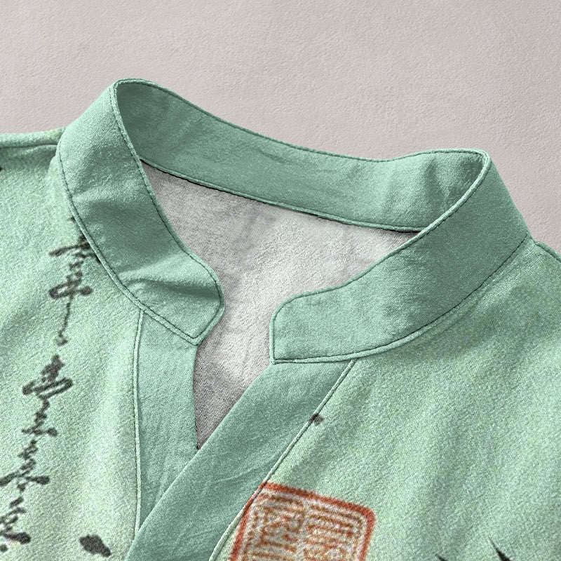 Buddha Stones Camisa de manga corta con medio botón para hombre, con estampado de caligrafía degradada en tinta de bambú y algodón. - image 2