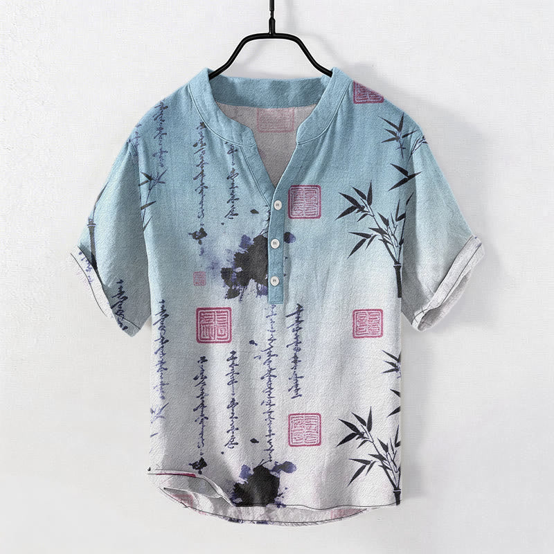 Buddha Stones Camisa de manga corta con medio botón para hombre, con estampado de caligrafía degradada en tinta de bambú y algodón. - Azul claro - US/UK/AU50, EU60 (5XL) - image 4