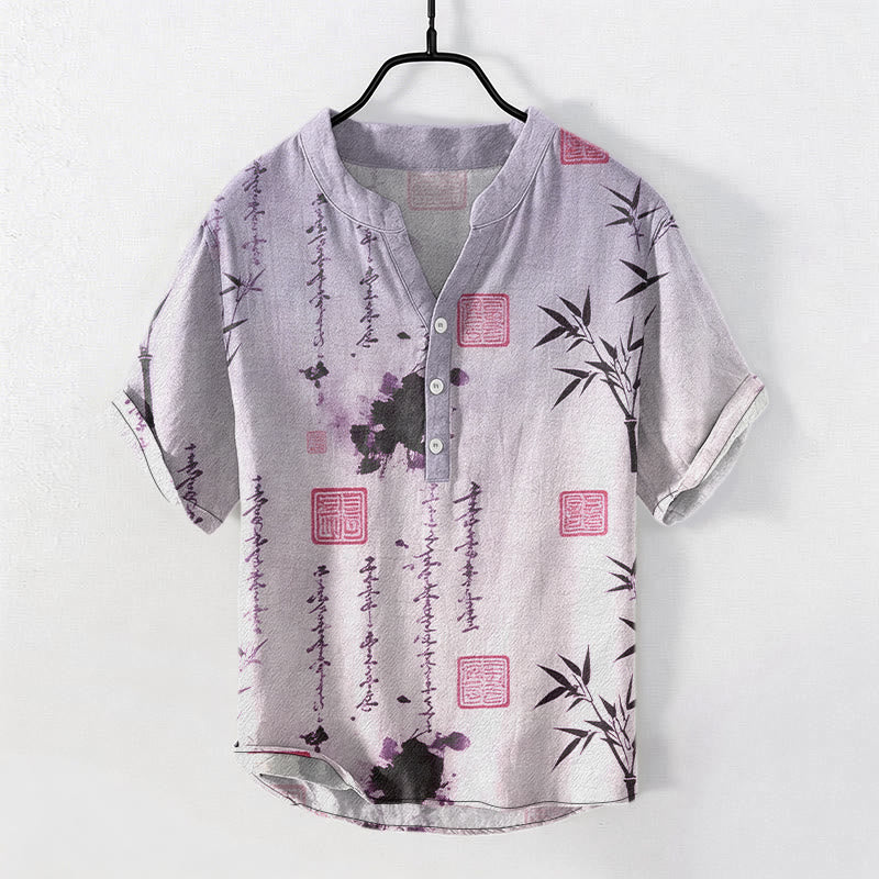 Buddha Stones Camisa de manga corta con medio botón para hombre, con estampado de caligrafía degradada en tinta de bambú y algodón. - Morado medio - US/UK/AU50, EU60 (5XL) - image 6