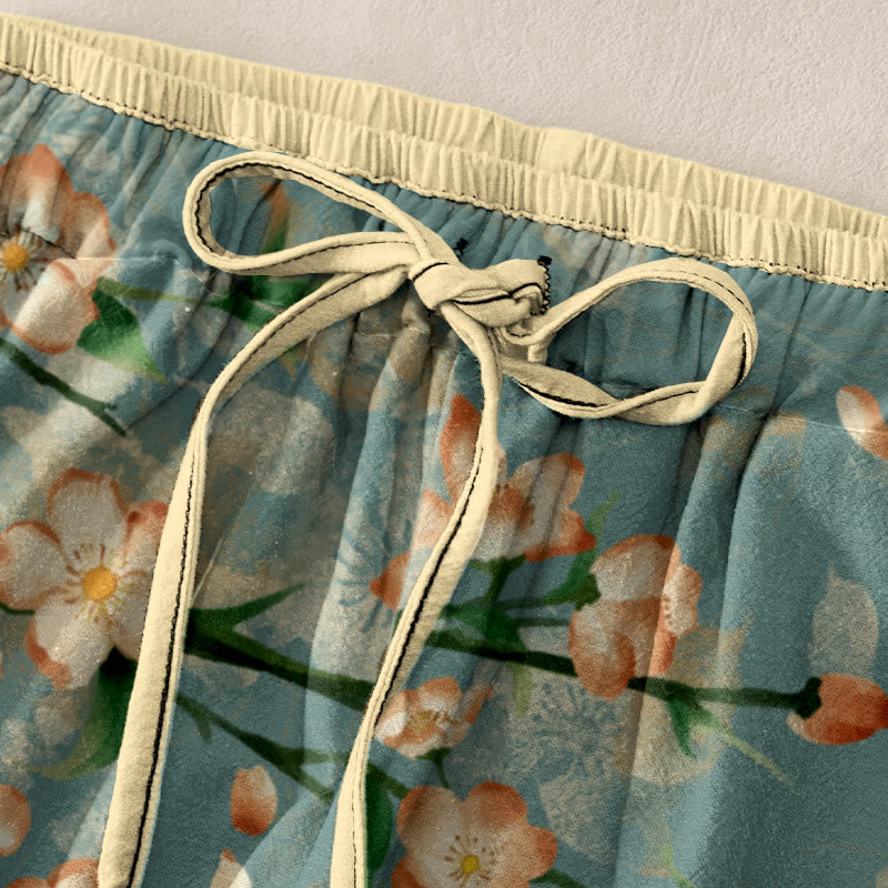 Buddha Stones Pantalones casuales de algodón para mujer con estampado de flores de durazno y gansos voladores, cintura elástica y bolsillos. - image 1