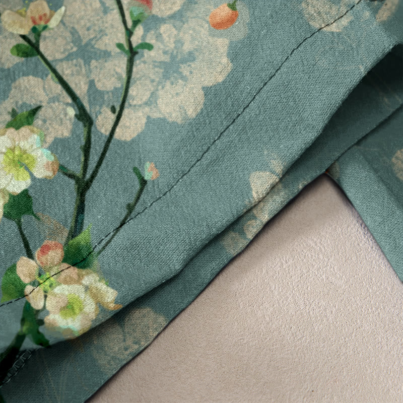 Buddha Stones Pantalones casuales de algodón para mujer con estampado de flores de durazno y gansos voladores, cintura elástica y bolsillos. - image 2