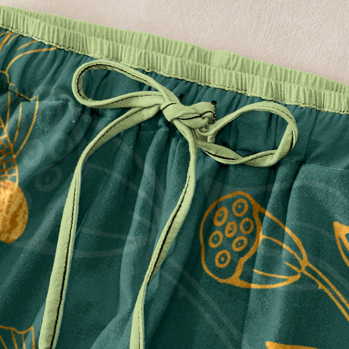 Buddha Stones Pantalones casuales de algodón para mujer con estampado de hojas de loto y peces koi, cintura elástica y bolsillos. - image 1